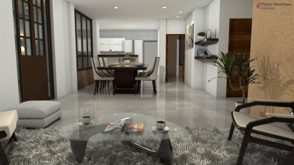 Render interior, sala y comedor, Diseño casa campestre horizonte