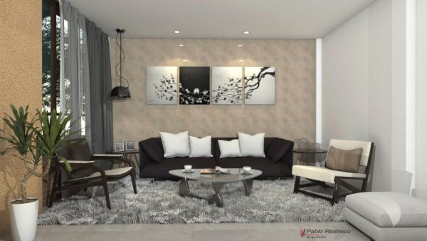 Render interior sala, Diseño casa campestre horizonte