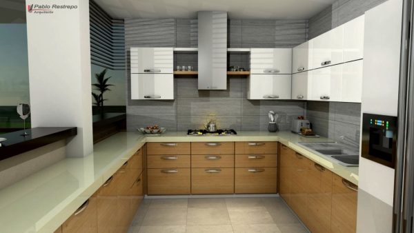 Render interior cocina, Diseño casa campestre horizonte