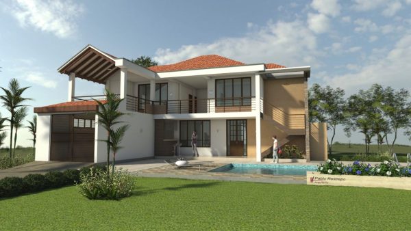 Render 2 fachada día, Diseño casa campestre horizonte