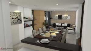 Render interior sala, comedor y cocina, Diseño casa campestre horizonte