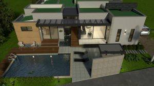Render aéreo fachada posterior, Diseño casa campestre tropical moderno