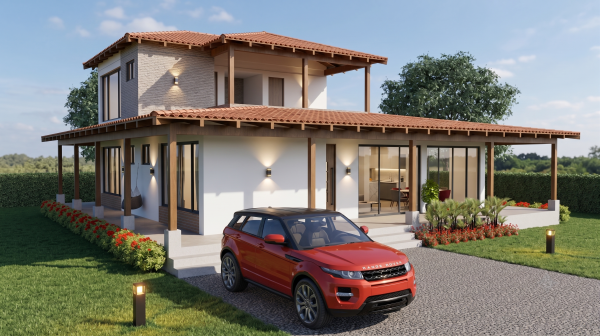 Render fachada principal 2, Diseño casa campestre el alero colonial