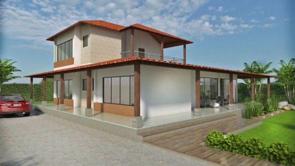 Render fachada lateral izquierda día, Diseño casa campestre el alero colonial