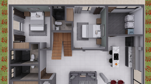 Render planta primer piso, Diseño casa campestre el alero colonial