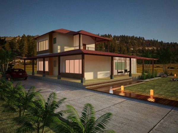 Render fachada lateral izquierda con luces, Diseño casa campestre el alero colonial