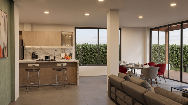 Render interior sala comedor, Diseño casa campestre el alero colonial