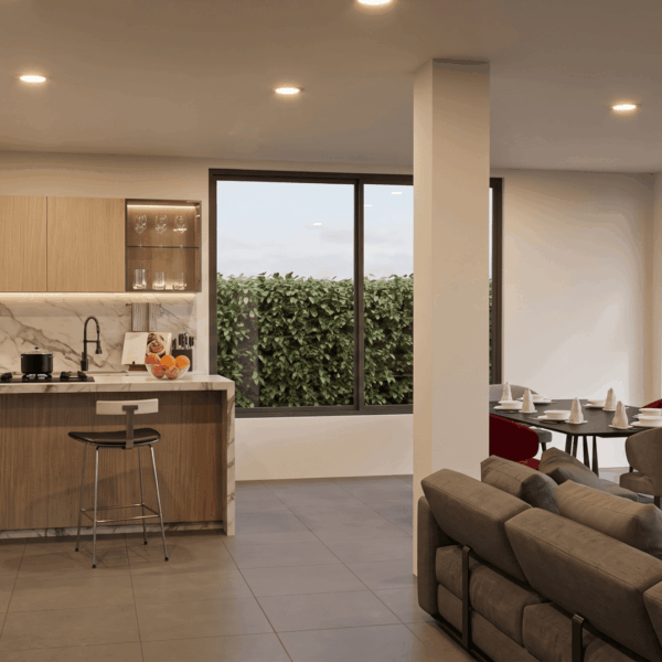 Render interior sala comedor, Diseño casa campestre el alero colonial