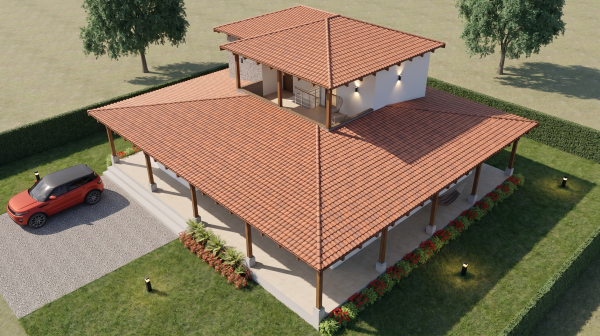 Render perspectiva aérea 2, Diseño casa campestre el alero colonial