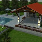 Render aéreo exterior kiosco o caney - zona social, Diseño casa campestre villa celeste