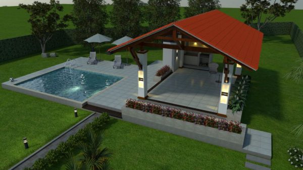 Render aéreo exterior kiosco o caney - zona social, Diseño casa campestre villa celeste