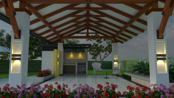 Render exterior kiosco o caney - zona social 1, Diseño casa campestre villa celeste