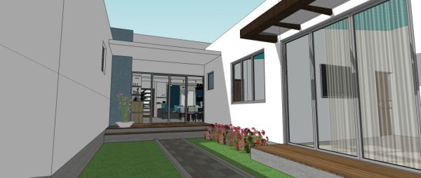 Imagen vista salida posterior 3D, Diseño casa campestre villa celeste