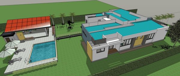 Imagen perspectiva aérea 3D, Diseño casa campestre villa celeste