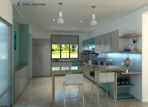 Render interior cocina, Diseño casa campestre villa celeste