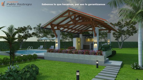 Render exterior kiosco o caney - zona social 1, Diseño casa campestre villa celeste