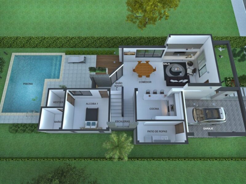Diseño casa moderna la pradera, proyecto arquitectonico de dos pisos
