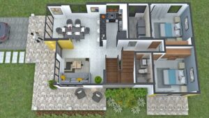 Render perspectiva aérea distribución interior primer piso, Diseño casa campestre alero primaveral
