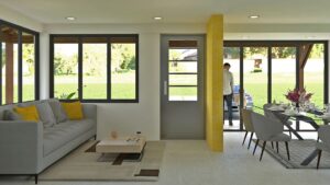 Render interior sala - comedor, Diseño casa campestre alero primaveral