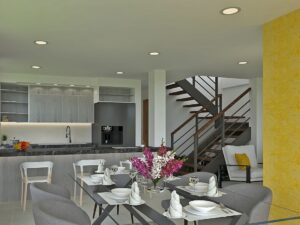Render interior sala, comedor y cocina, Diseño casa campestre alero primaveral