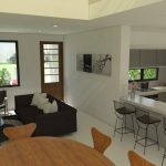 Render interior comedor, cocina y sala, Diseño casa moderna la pradera