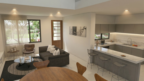 Render interior comedor, cocina y sala, Diseño casa moderna la pradera