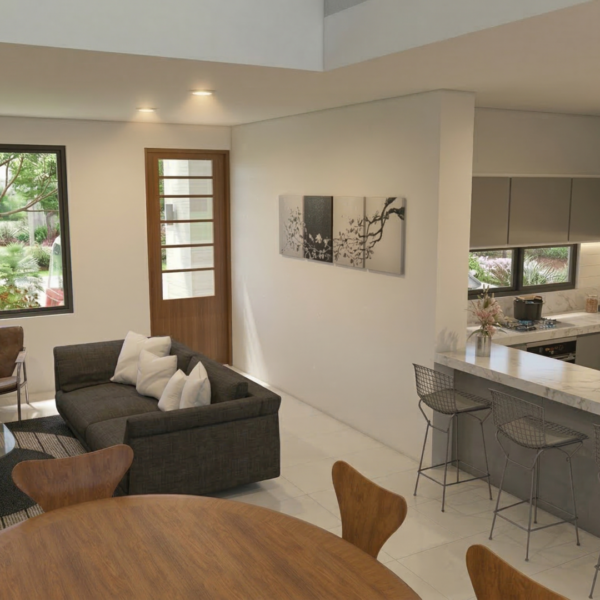Render interior comedor, cocina y sala, Diseño casa moderna la pradera