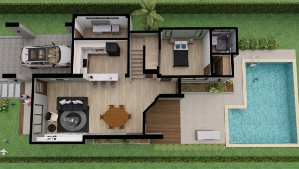 Render aéreo planta interior primer piso, Diseño casa moderna la pradera