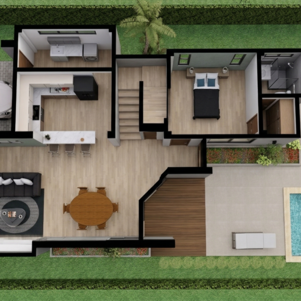 Render aéreo planta interior primer piso, Diseño casa moderna la pradera