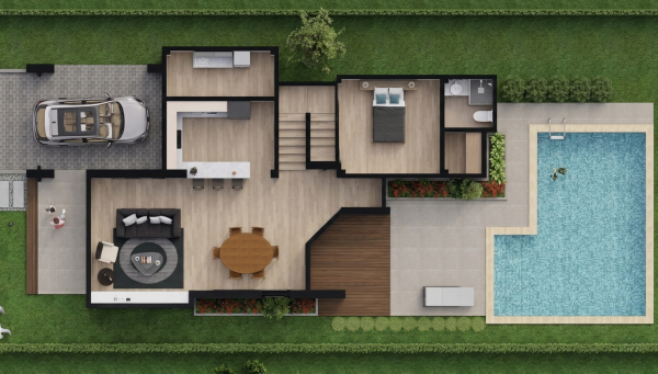 Render planta arquitectónica, diseño casa campestre la pradera
