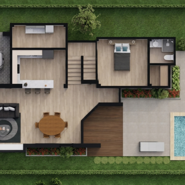 Render planta arquitectónica, diseño casa campestre la pradera