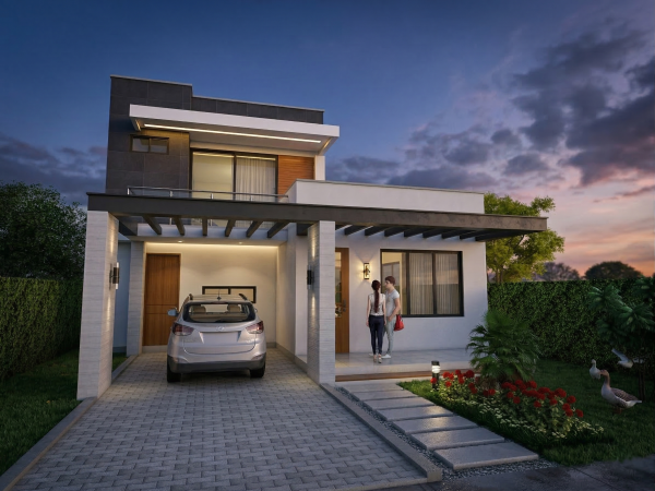 Render fachada principal, Diseño casa moderna la pradera