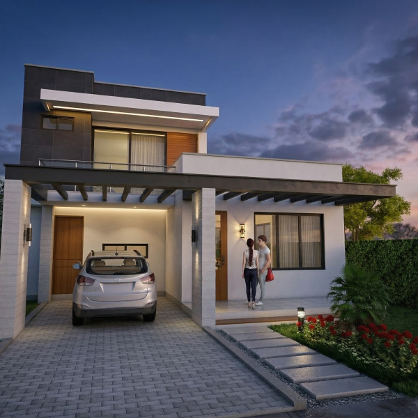 Render fachada principal, Diseño casa moderna la pradera
