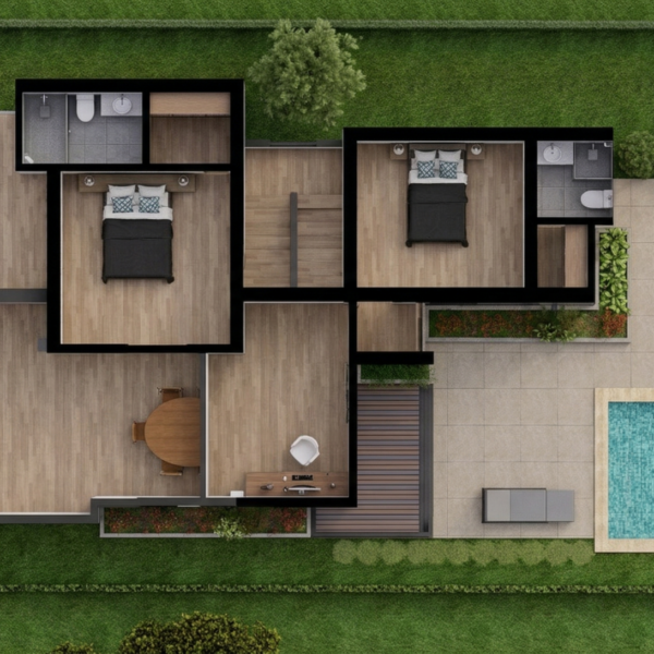 Render planta arquitectónica, diseño casa campestre la pradera