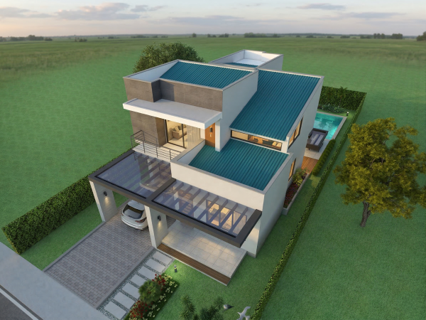 Render perspectiva aérea, Diseño casa moderna la pradera