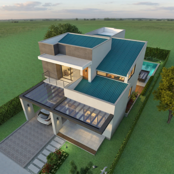 Render perspectiva aérea, Diseño casa moderna la pradera