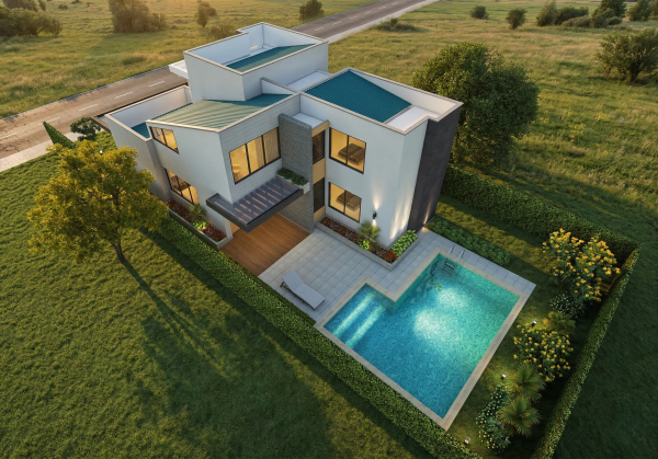 Render vista aérea zona húmeda, Diseño casa moderna la pradera