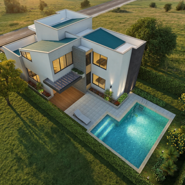 Render vista aérea zona húmeda, Diseño casa moderna la pradera