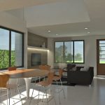 Render interior comedor y sala, Diseño casa moderna la pradera