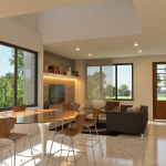 Render interior comedor y sala, Diseño casa moderna la pradera