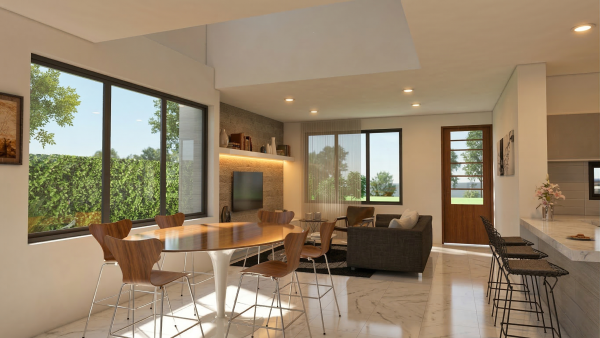 Render interior comedor y sala, Diseño casa moderna la pradera