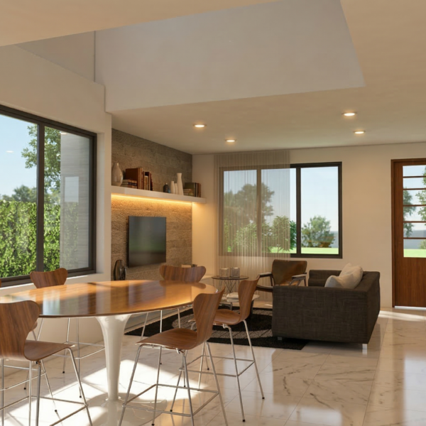 Render interior comedor y sala, Diseño casa moderna la pradera