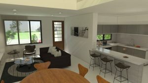 Render interior comedor, cocina y sala, Diseño casa moderna la pradera