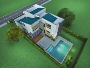Render vista aérea zona húmeda, Diseño casa moderna la pradera