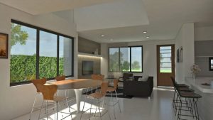 Render interior comedor y sala, Diseño casa moderna la pradera