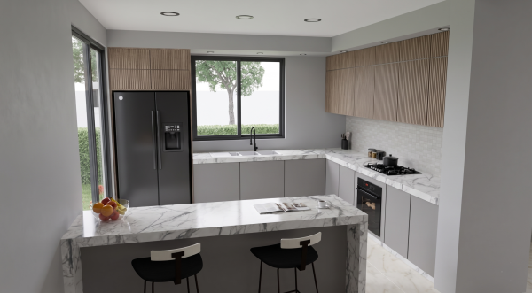 Render interior cocina, Diseño casa campestre los tulipanes