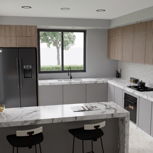 Render interior cocina, Diseño casa campestre los tulipanes