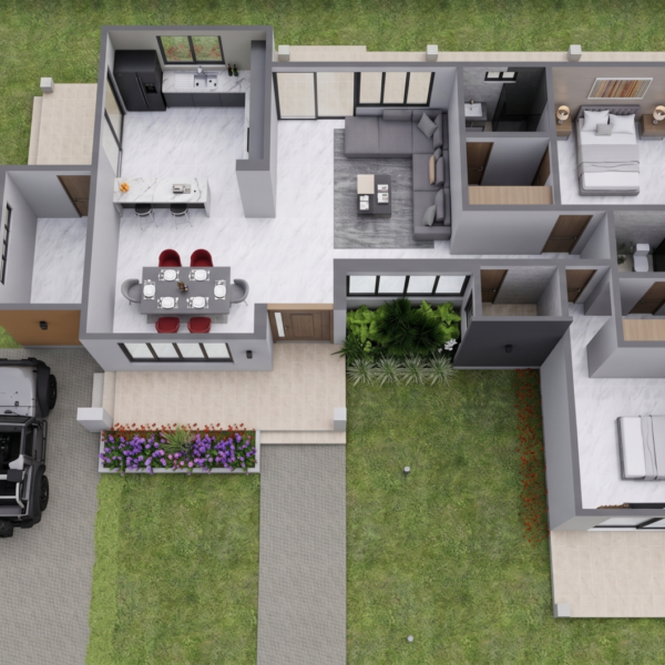 Render aéreo planta interior, Diseño casa campestre los tulipanes
