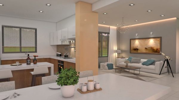 Render cocina y sala, Diseño casa campestre los tulipanes