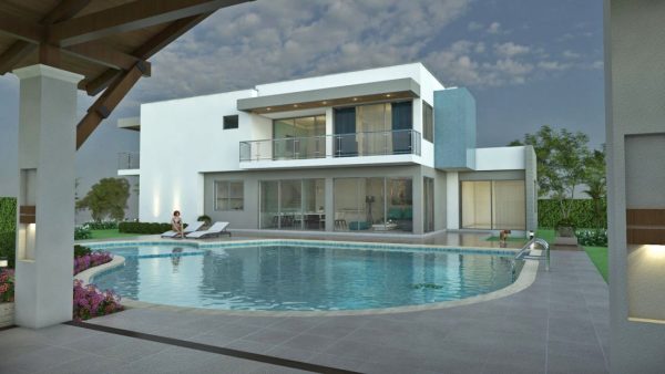 Render fachada posterior piscina, Diseño casa campestre laguna celeste